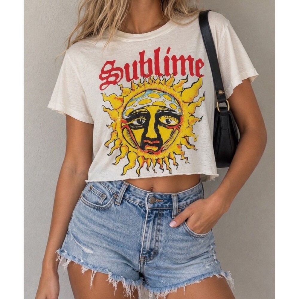 Sublime Women’s Small White Sun Logo Cropped Band T-Shirt 90s Y2K California